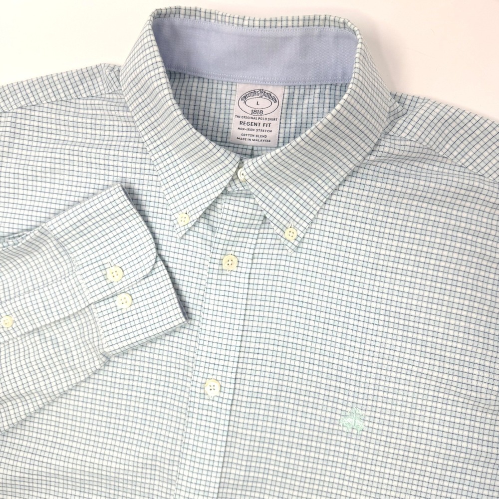 Brooks Brothers Regent Fit Non-Iron Stretch Shirt Mens Large Blue Micro Check